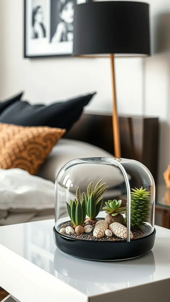 A stylish terrarium with various plants inside, sitting on a modern bedside table.