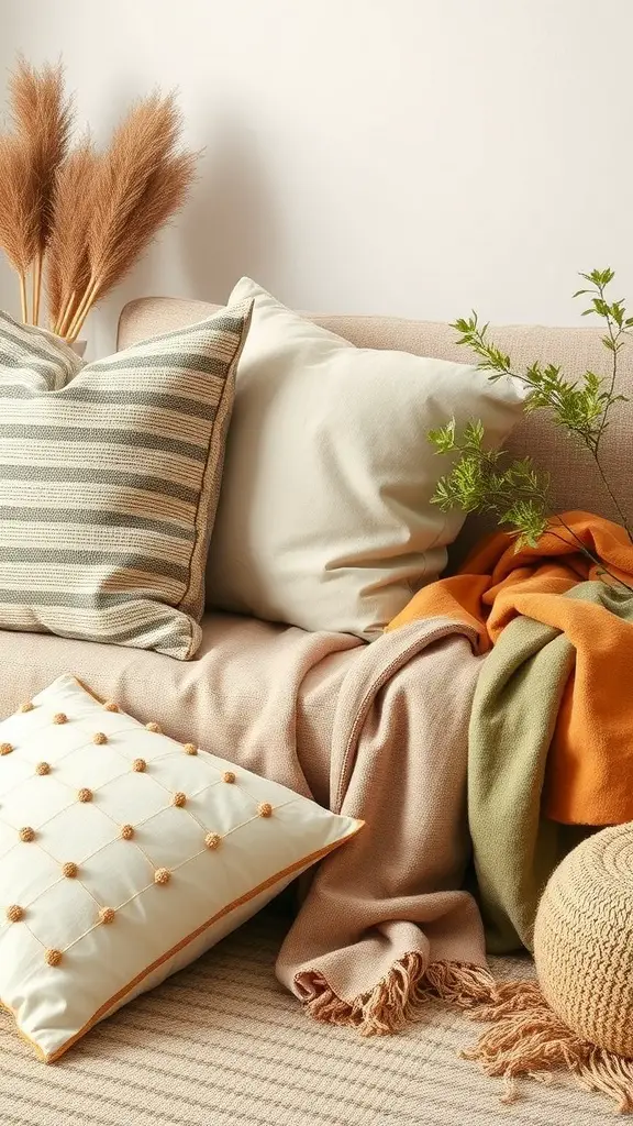 Cozy couch with a variety of textured pillows and blankets, featuring natural elements like pampas grass and greenery.