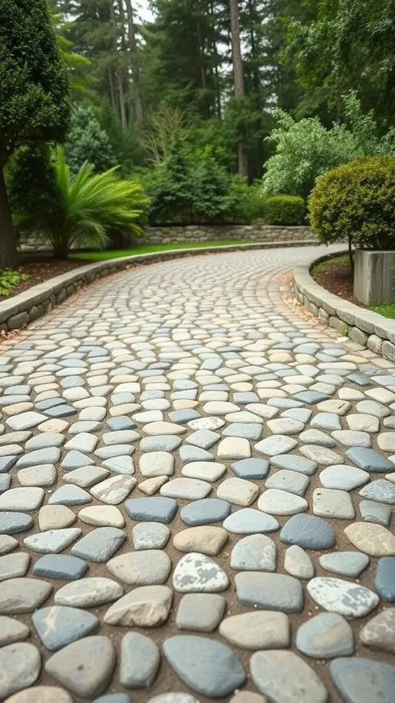 19 Creative Driveway Ideas to Enhance Your Curb Appeal 20 A winding driveway made of textured round stones, surrounded by lush greenery.