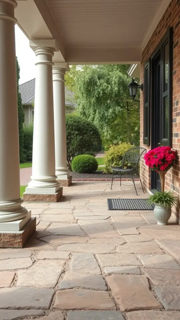 27 Cozy Front Porch Ideas for a Welcoming Home 31 A front porch featuring textured stone flooring, elegant columns, a chair, and vibrant flowers.