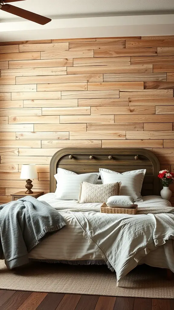 An earthy vintage bedroom featuring a textured wood wall, soft bedding, and warm lighting.