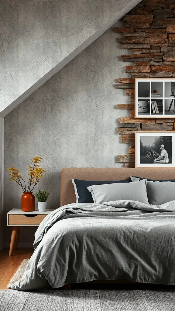 A forestcore bedroom featuring a textured wall with wooden accents and a soft grey bedding.