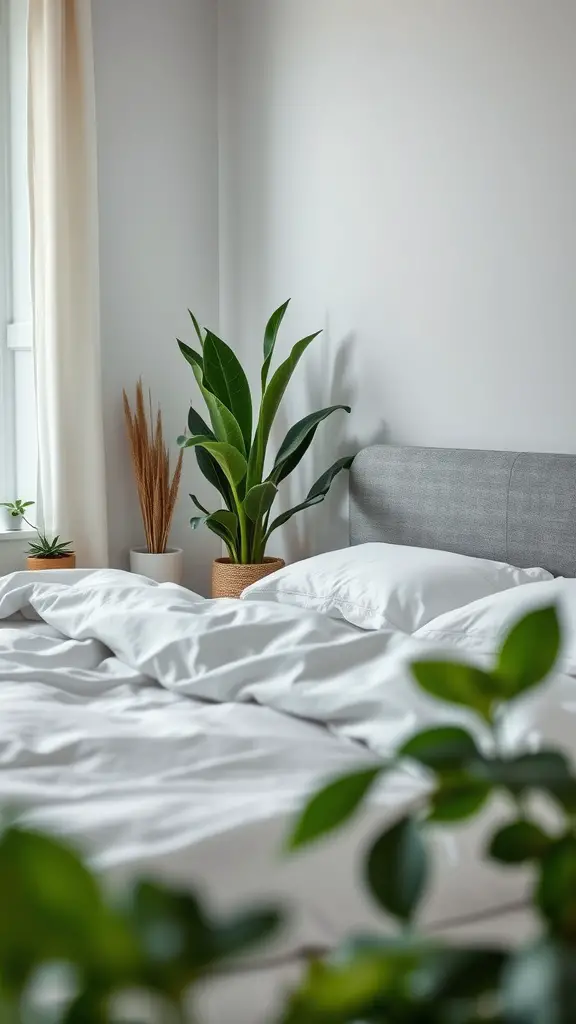 A cozy bedroom with plants near the bed, showcasing a peaceful atmosphere.