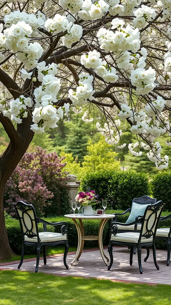 A charming garden furniture setup with black and white chairs around a round table, surrounded by blooming white flowers and lush greenery.