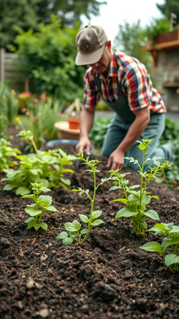 23 Stunning Cottage Garden Design Ideas for a Charming Outdoor Space 18 A gardener working in a cottage garden, tending to young plants in rich soil.