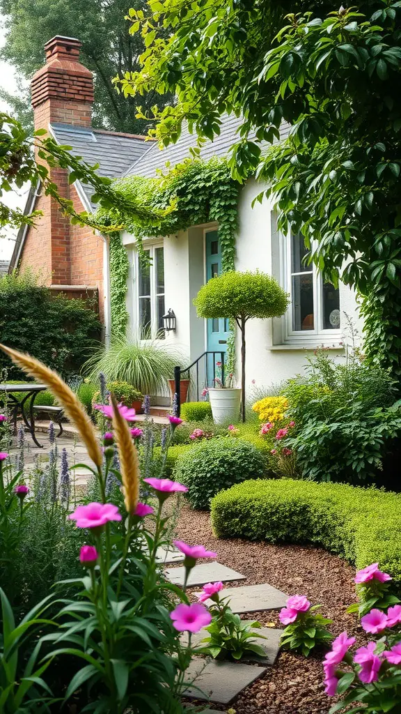 23 Stunning Cottage Garden Design Ideas for a Charming Outdoor Space 24 A charming cottage garden featuring colorful flowers and lush greenery around a cozy home.