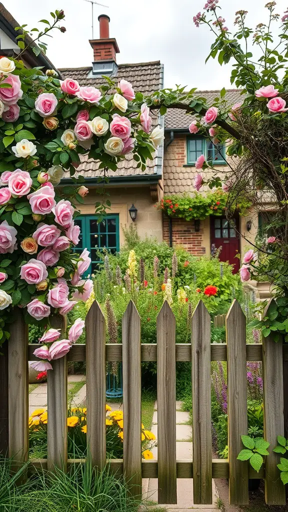 23 Stunning Cottage Garden Design Ideas for a Charming Outdoor Space 4 A picturesque view of a cottage garden with a wooden fence adorned with blooming roses, inviting you to explore the vibrant flowers within.