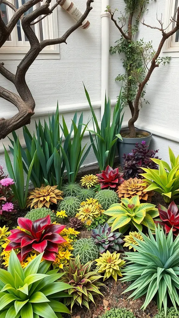27 Absolutely Stunning Secret Garden Ideas to Inspire Your Space 6 A vibrant garden corner with various colorful plants, including tall green leaves and succulents.