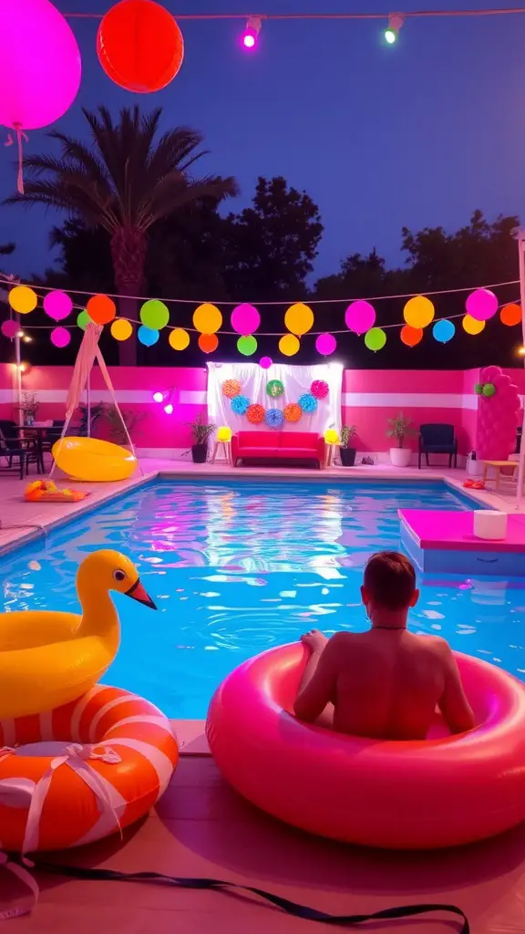 33 Creative Backyard Pool and Patio Ideas for Your Dream Outdoor Space 35 A vibrant backyard pool party setup with colorful lanterns and pool floats.