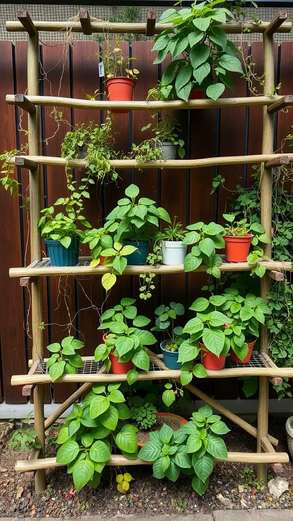 27 Creative DIY Garden Trellis Ideas for Your Outdoor Space 20 A wooden tiered garden trellis with various potted plants displayed