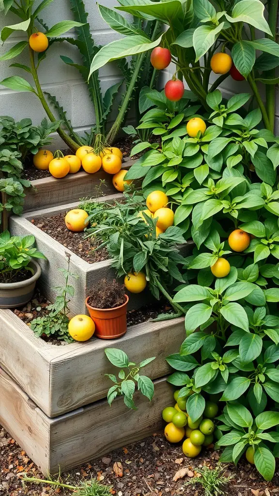 27 Creative Corner Landscaping Ideas for Your Garden 11 A tiered garden featuring edible plants like citrus and peppers, showcasing vibrant colors and lush greenery.