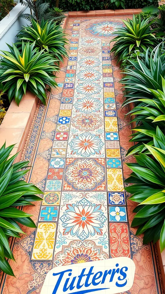 31 Creative Garden Walkway Ideas for Your Outdoor Space 4 Colorful tile mosaic walkway surrounded by green plants