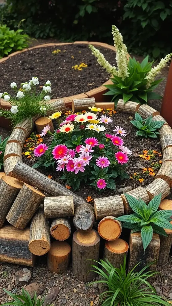 Flowerbed edged with timber logs and colorful flowers