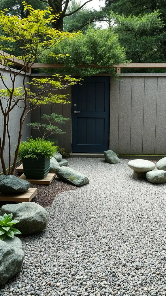 27 Stunning Front Garden Ideas to Transform Your Curb Appeal 23 A peaceful Japanese Zen garden with rocks, gravel, and green plants.