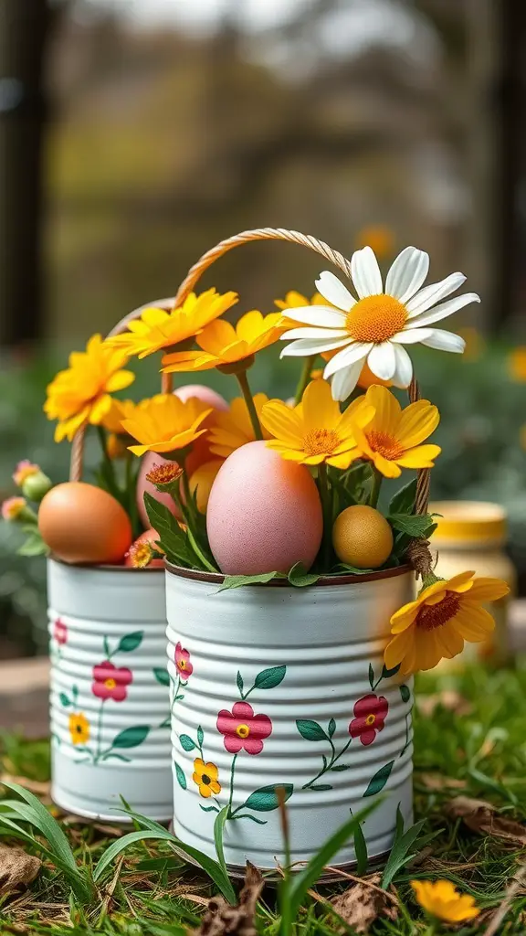 Colorful tin can flower baskets with daisies and Easter eggs