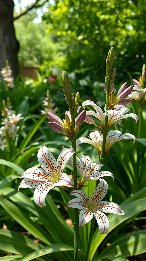 34 Gorgeous Shade Garden Plants for a Lush Landscape 27 Close-up of toad lily flowers with white petals and purple spots in a shaded garden