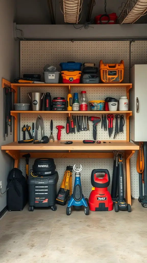 29 Creative Garden Shed Ideas for Every Backyard 6 A well-organized tool shed featuring shelves with various tools, pegboard for hanging equipment, and larger storage items below.