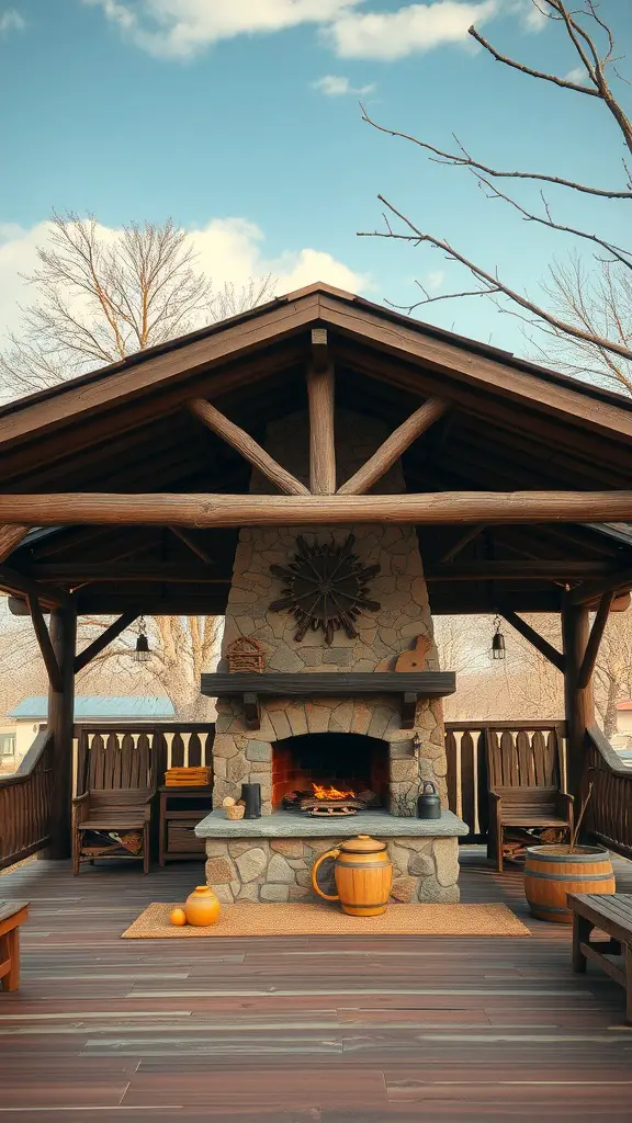 Traditional Western pavilion featuring a stone fireplace and wooden seating