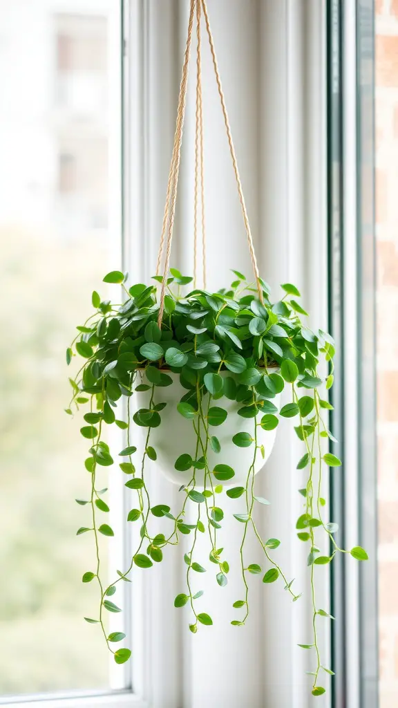 15 Stunning Hanging Plants to Beautify Your Living Room Windows 5 A Trailing Jade Plant in a white pot hanging in front of a window, with lush green leaves cascading down.