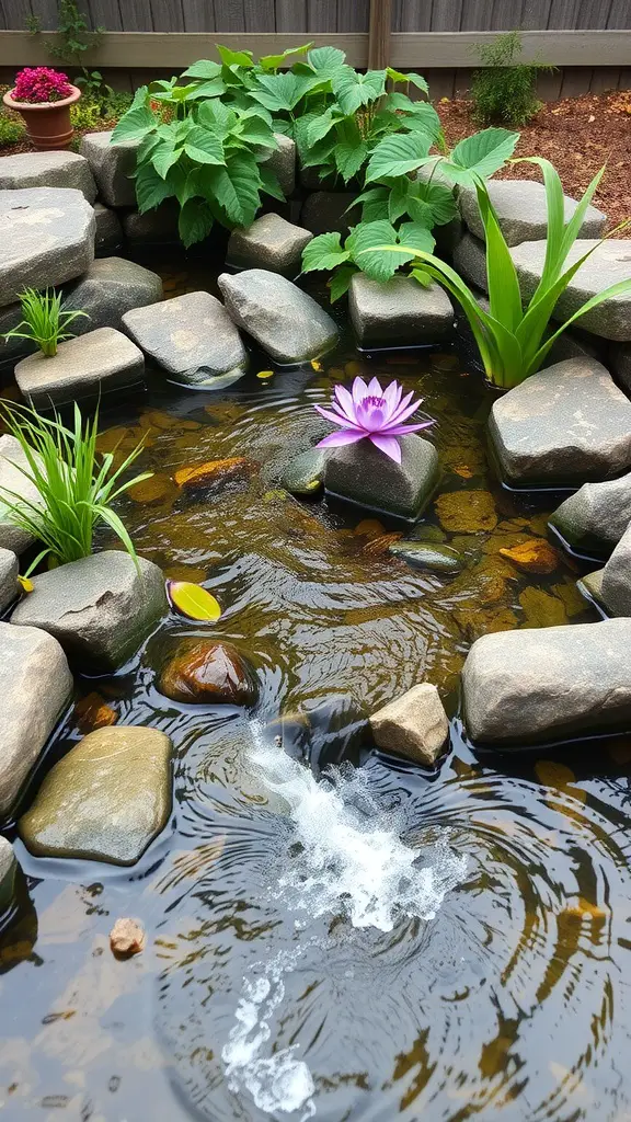 A serene pond with stones and a blooming lily surrounded by lush green plants.