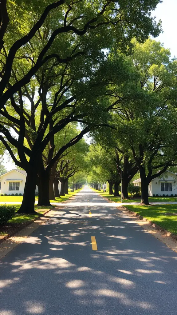 Tree-lined driveway with lush green trees on both sides