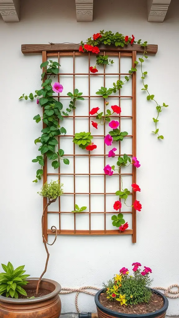 27 Creative DIY Garden Trellis Ideas for Your Outdoor Space 8 A wooden trellis decorated with colorful flowers and climbing plants, showcasing vertical gardening.