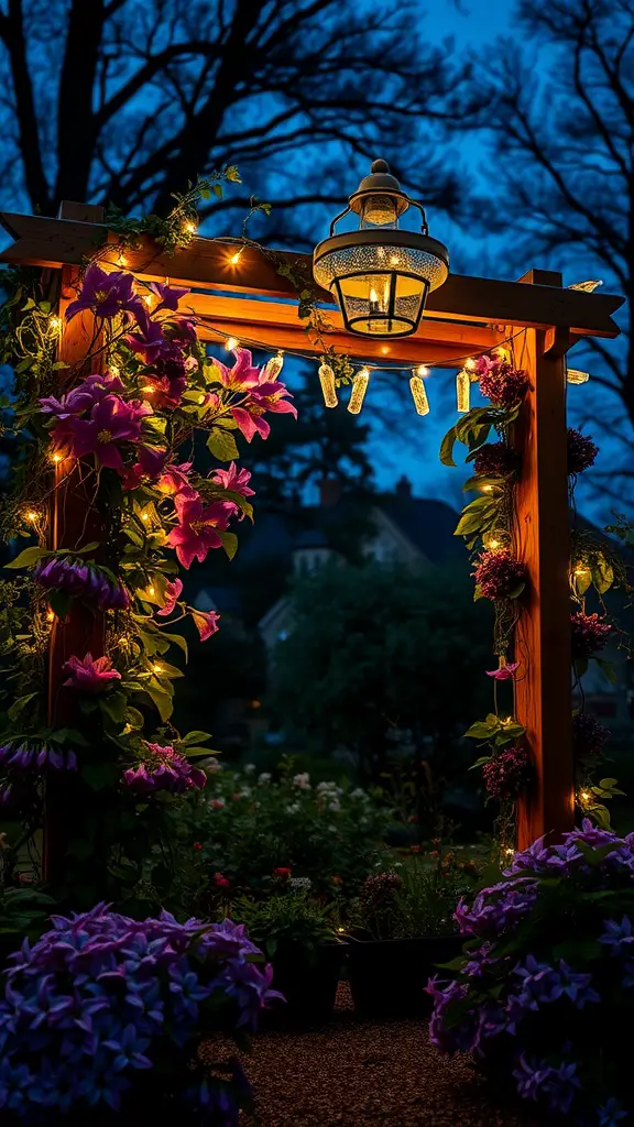 21 Stunning Clematis Trellis Ideas for Your Garden 15 A trellis covered in purple clematis flowers illuminated by string lights and a lantern at dusk.