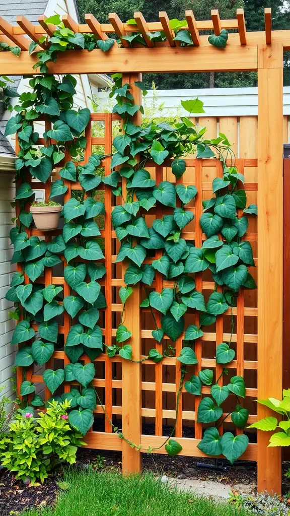 27 Creative Corner Landscaping Ideas for Your Garden 26 A wooden trellis with green vining plants and a potted plant at the base, set against a residential backdrop.