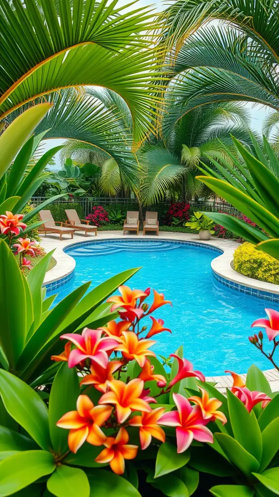 33 Creative Backyard Pool and Patio Ideas for Your Dream Outdoor Space 7 A tropical landscaped pool area with palm trees and colorful flowers.