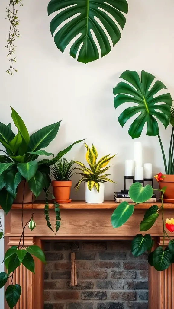 A summer mantel decorated with tropical leaves and a variety of exotic plants.