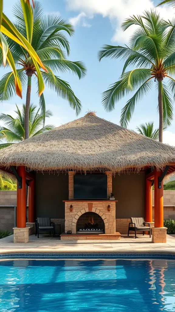 A tropical pavilion with a thatched roof, a fireplace, and a pool surrounded by palm trees.