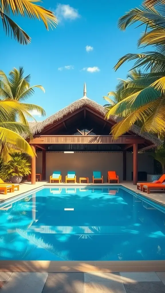 A beautiful tropical pool pavilion with palm trees, colorful lounge chairs, and a clear blue sky.