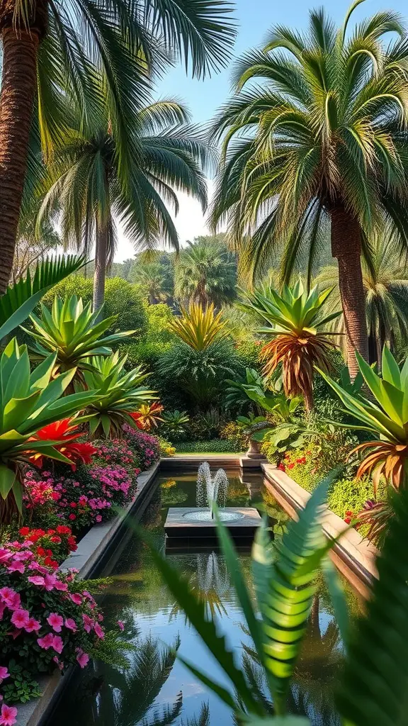 A tropical garden featuring palm trees, colorful flowers, and a small fountain