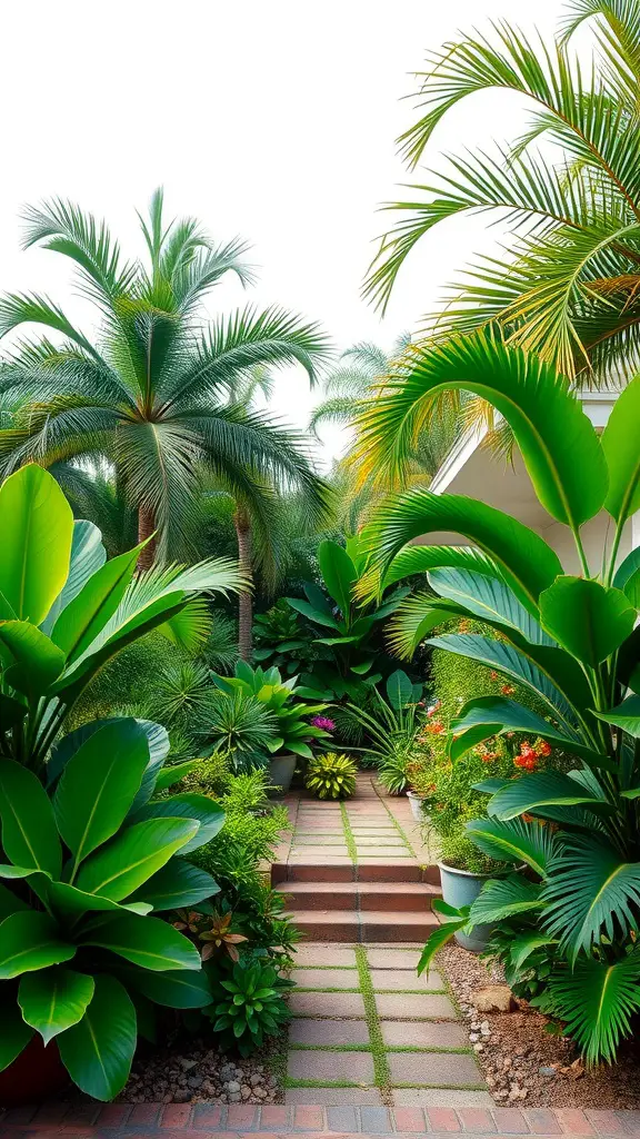 27 Stunning Front Garden Ideas to Transform Your Curb Appeal 29 A tropical front garden with lush green plants and a stone pathway.