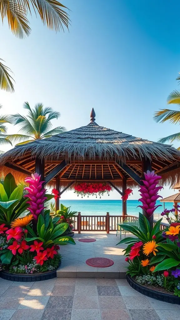 A tropical pavilion with a thatched roof surrounded by colorful flowers and palm trees, overlooking the ocean.