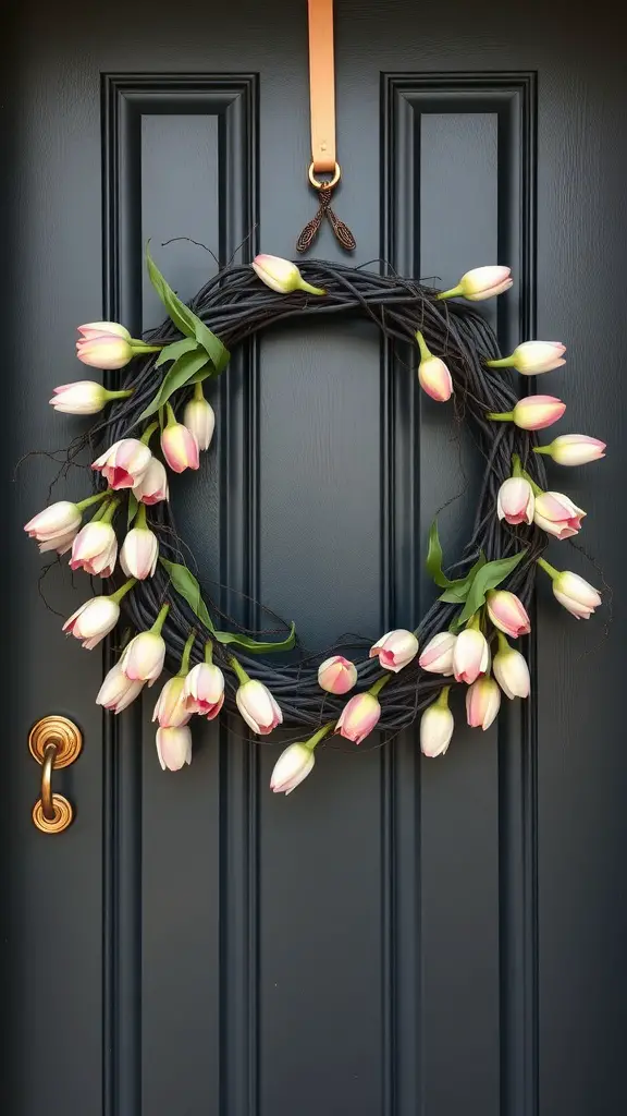 A wreath made of pink and white tulips on a dark door