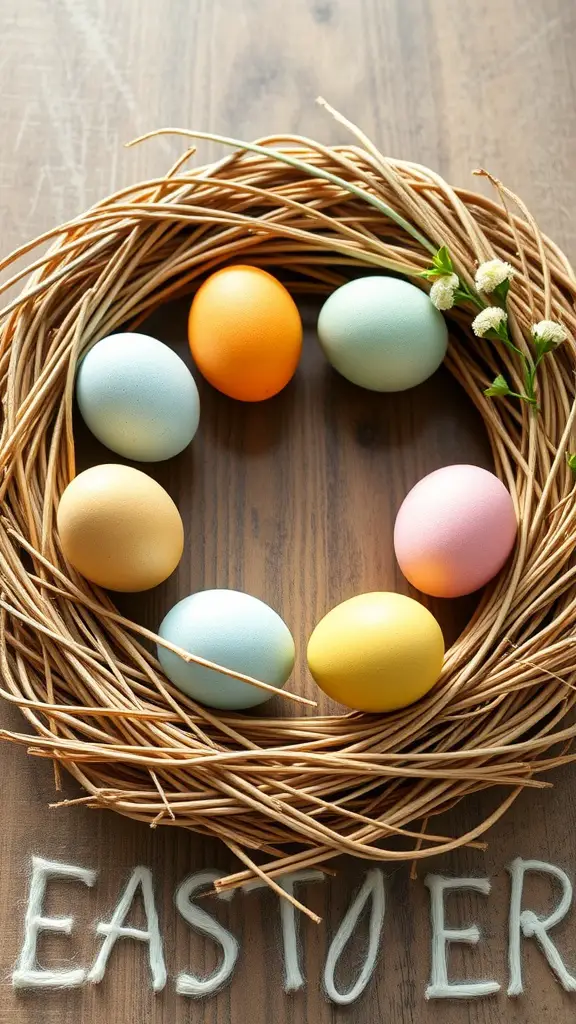 A twine-wrapped wreath decorated with colorful Easter eggs and flowers