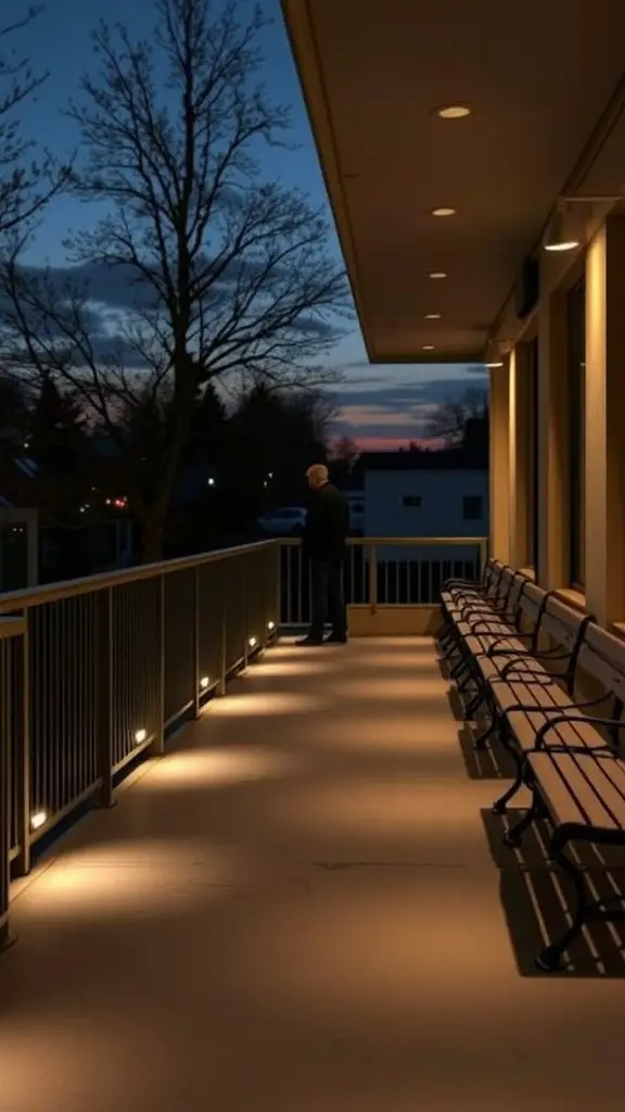 A balcony with under-bench lighting in the evening, providing a subtle glow.