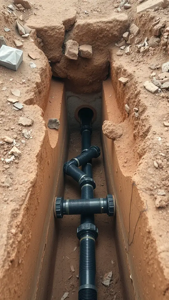 A trench showing black underground drainage pipes ready for installation