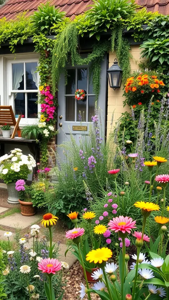 23 Stunning Cottage Garden Design Ideas for a Charming Outdoor Space 7 A cozy cottage garden with colorful flowers and lush greenery surrounding a charming entrance.