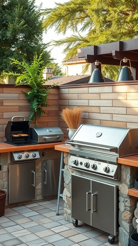 35 Creative Backyard Kitchen Ideas for Outdoor Cooking Enthusiasts 21 Stylish outdoor kitchen with stainless steel grills, wooden countertops, and greenery.