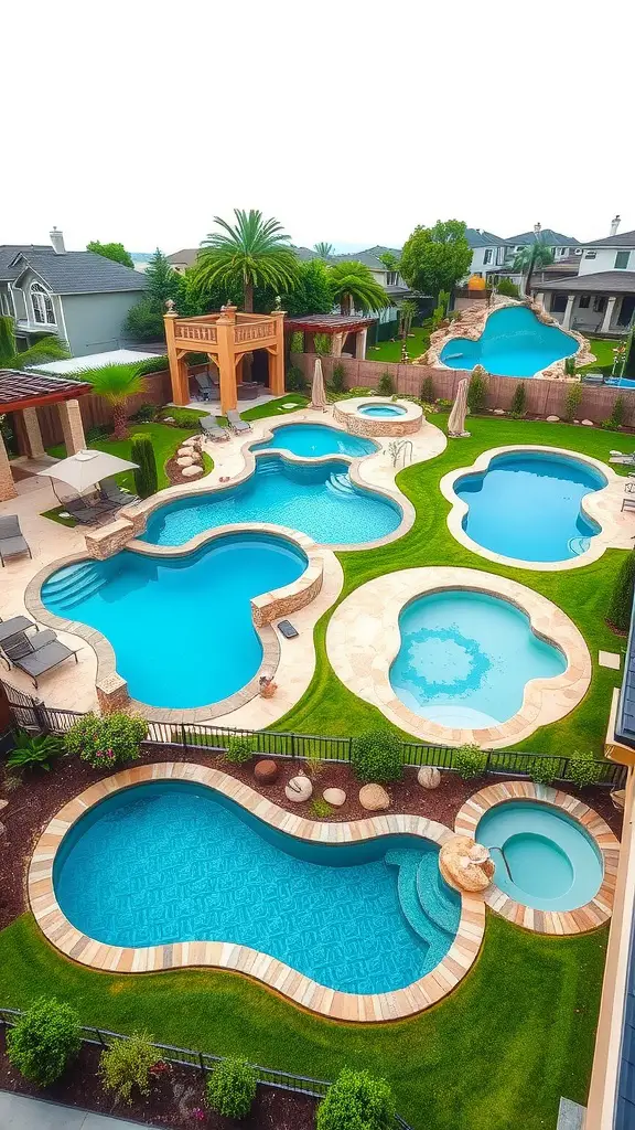 33 Creative Backyard Pool and Patio Ideas for Your Dream Outdoor Space 26 Aerial view of multiple uniquely shaped pools in a backyard, surrounded by green grass and landscaping.