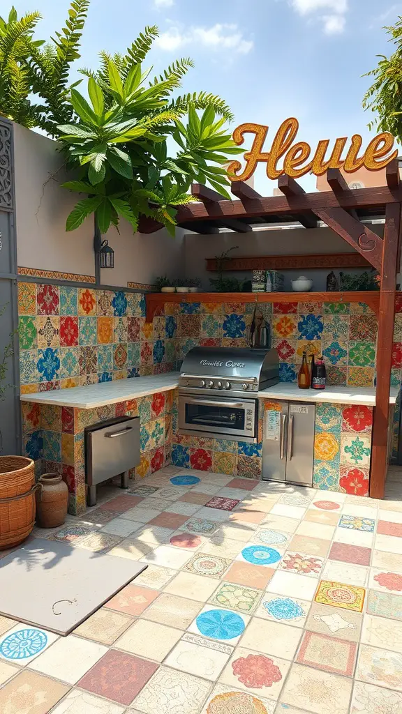 35 Creative Backyard Kitchen Ideas for Outdoor Cooking Enthusiasts 38 Outdoor kitchen with colorful patterned tiles and a grill
