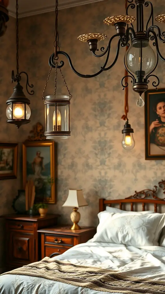 Vintage lighting fixtures including lanterns and a chandelier in a cozy bedroom.