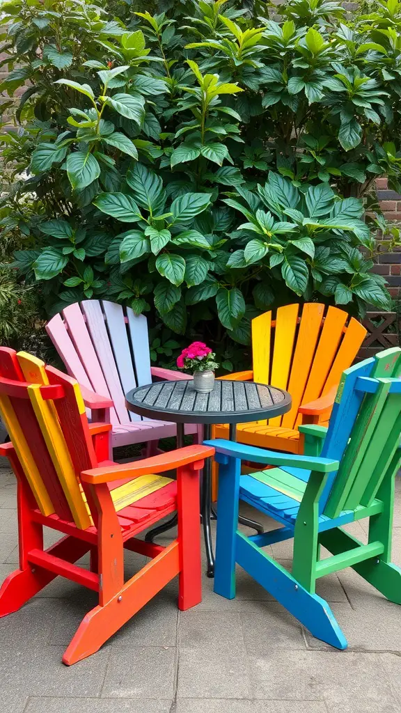 A set of colorful upcycled garden chairs in various shades, surrounding a small black table with a flower vase.