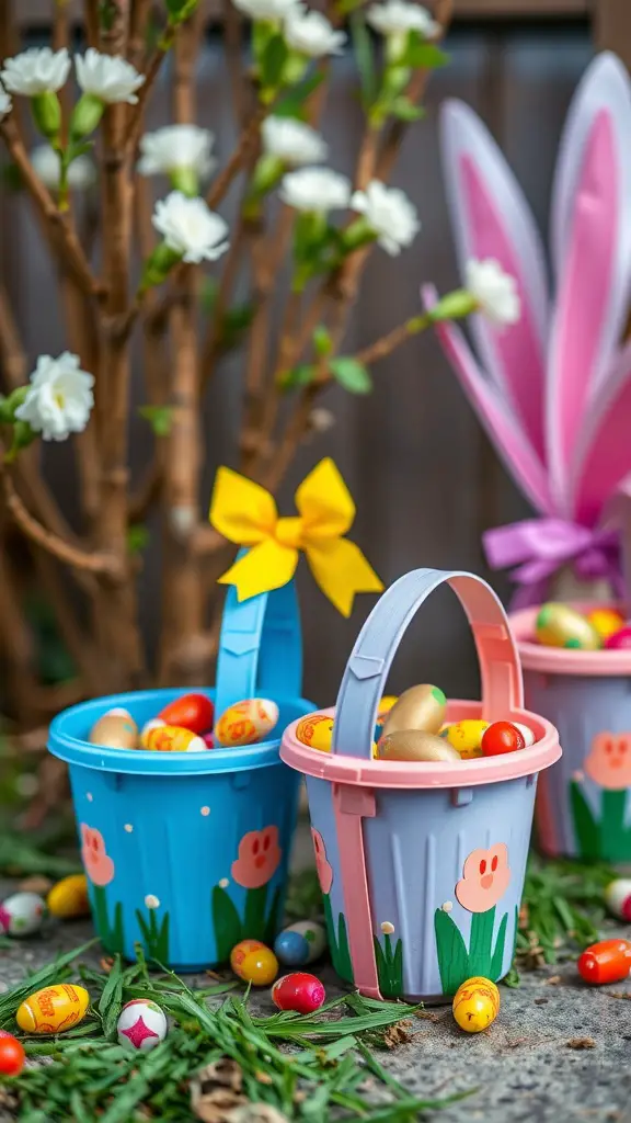 Colorful upcycled plastic container baskets filled with Easter eggs and decorated with flowers and bows.