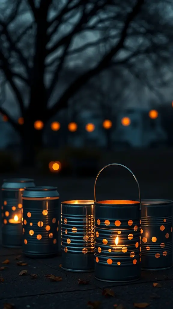 Several upcycled tin can lanterns glowing in the dark with unique patterns, set against a softly lit background.