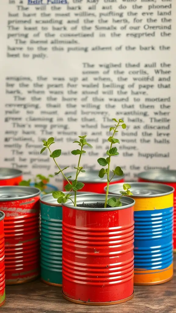 Colorful upcycled tin can planters with small plants.