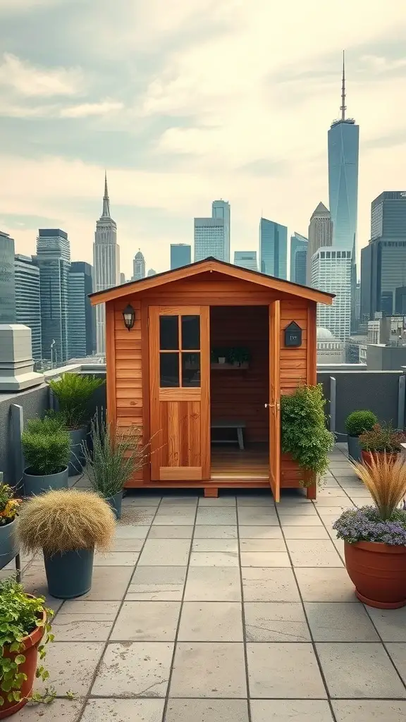 29 Creative Garden Shed Ideas for Every Backyard 24 A wooden urban rooftop shed surrounded by potted plants with a city skyline in the background.