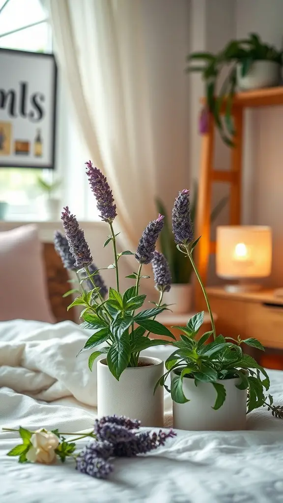 Aromatic plants in a cozy bedroom setting